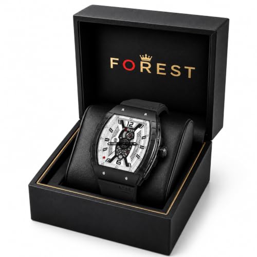 Image of FOREST Men's Analog Quartz Watch with Skeleton Style White Dial & Black Silicone Strap | Tonneau Case | Premium Fashion Wrist Watch for Casual, Sports, Business &