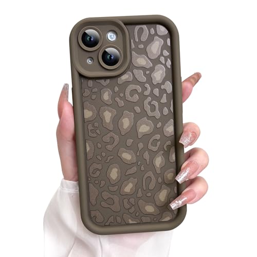 Coque iPhone 15 motif léopard KANGHAR en silicone souple marron 6,1 pouces