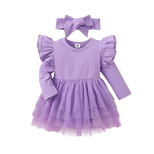 Image of Baby Girl Ruffle Sleeve Romper Dress Outfit Newborn Princess Tulle Dresses Infant Jumpsuit Tutu Skirt Set Clothes
