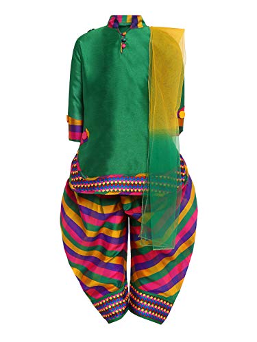Aarika Girl's Self Design Cotton Silk Ethnic Kurti, Patiala and Dupatta Set