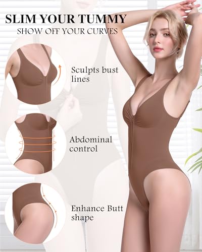 Women's Tummy Control Bodysuit Shapewear With Front Zipper Adjustable Straps Full Body Shaper For Dresses4