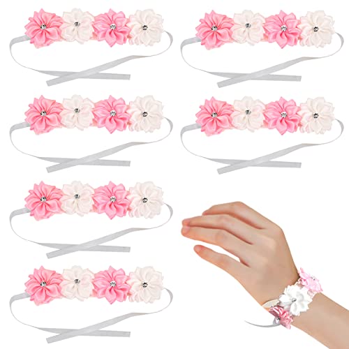 HERCHR 6Pcs Floral Wedding Wrist Corsage with Ribbons,Hand Flower Bracelet Wrist Corsage Bracelet