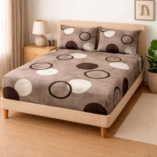 Image of Rome Warm Flannel Fitted Bedsheet with 2 Pillow Covers - 155 GSM Soft Bedsheet Set with Elastic Deep Pocket 90x100+10 Inches for Double Bed, AC Room & All Season Comfort -Silver