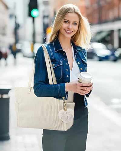 LUROON Corduroy tas voor dames, groot, laptoptas, 15,6 inch, lichte handtas, grote shoppertas, werktas, tote bag, lerarentas, schooltas voor universiteit, werk, school, reizen, beige, Large, tote