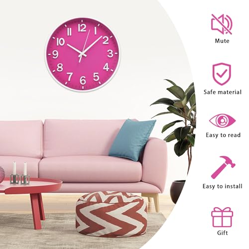 Image of HZDHCLH Wall Clocks Battery Operated 12 inch Silent Non Ticking Modern Wall Clock for Living Room Bedroom Kitchen Office Decor (Rose red)