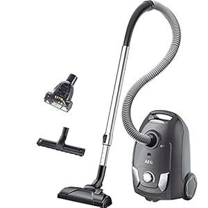 AEG VX4-1-GM-T stofzuiger met zak (met zak, 750 watt, 7,5 m actieradius, zachte wielen, 3 liter stofzuigerzak,wasbaar Hygiene plus filter, accessoires geintegreerd, dierenharen, turbozuigmond) Grijs