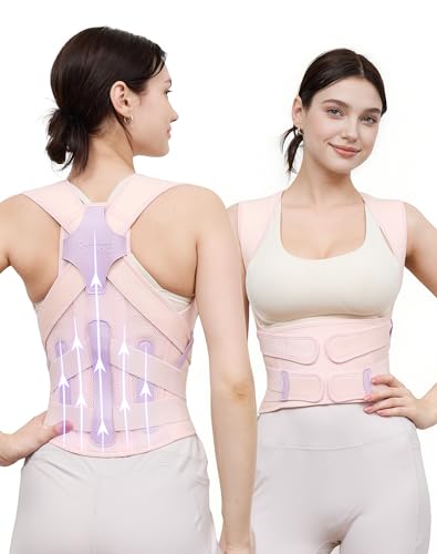 Image of Kepwaa Posture Corrector for Women and Men, 5 Full Back Support Brace Rods, Adjustable Shoulder Straightener, Relief for Upper and Lower Back, Neck, Lumbar, Scoliosis, Hump, Pink, Medium