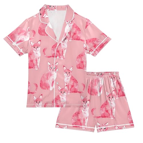 Pink Cat Summer Satin Pajama Set, Cute Button-Down Sleepwear Pj Set for Sleep Wears