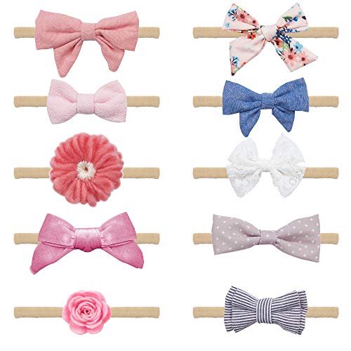 Baby Girl Headbands and Bows - 10 Piece Soft Elastic Nylon Flower Headband Accessories For Newborn, Infant, Toddler - Handcrafted Hair Bands & Ties - Perfect Baby Shower Gift