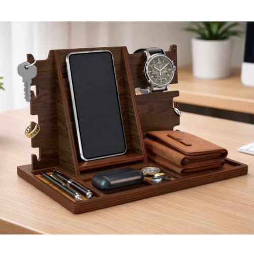 Image of Luxury Wooden Valet Docking Station for Men Mobile, Wallet Organizer with Key Holder and Accessory Tray Executive Desk & Bedside Table Stand Size | Size: 11 x 8 x 6 Inch