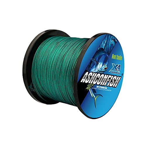 Ashconfish Geflochtene Angelschnur, 4 Stränge, echte Farbechtheit, geflochtene Schnüre, Nicht verblassend, Abriebfest, Keine Dehnung, Kleiner Durchmesser, 500 m, 31,8 kg, Moosgrün Cover