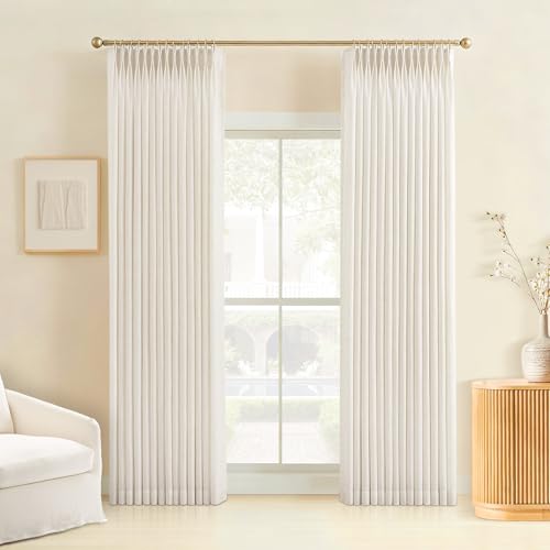 Liz Pinch Pleated Linen Curtains 84 Inches Long - Light Filtering Curtains for Living Room Semi Sheer Window Curtains for Bedroom Luxury Pinch Pleat Drapes with Hooks Natural 2 Panels Set