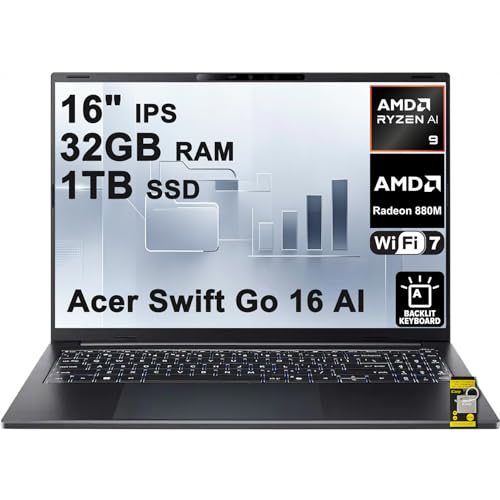 Acer Swift 16 AI Laptop 16 WUXGA 120Hz Touchscreen (100% sRGB) AMD 10-core Ryzen AI 9 465 (Up to 50 Tops) 32GB RAM 1TB SSD Backlit WiFi7 for Creator Designer Business Professional Win11 ICP Hub