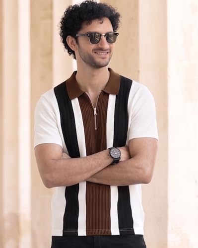 Image of AUSK Men's Zip Collar Polo Tshirt | Cotton Rich Material | Half Sleeves | Modern Knit Panel Work | Regular Fit