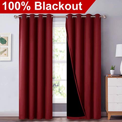 Image of NICETOWN 100% Blackout Cold Blocking Curtains with Black Liner Backing, Thermal Insulated Curtains for Living Room, Noise Reducing Drapes, Burgundy Red, 52 inches x 84 inches Per Panel, Set of 2
