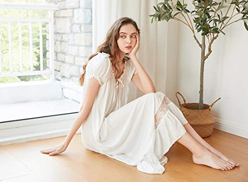 Sharebeauty Soft Natural Rayon Nightgown For Women Short Puff Sleeve Calf Length Night Dress Scoop Neck Sleepwear Loungewear Nightshirt Pajamas White M #TOP6