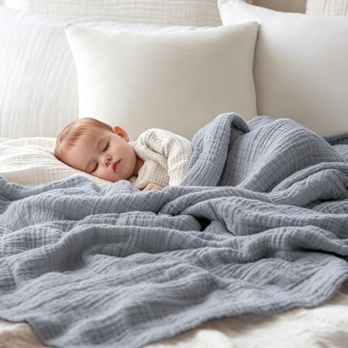 Image of EMME Muslin Blankets for Adults Throw Blanket for Couch Breathable Gauze Soft Lightweight Airy Dusty Blue Baby 40 inch x 50 inch