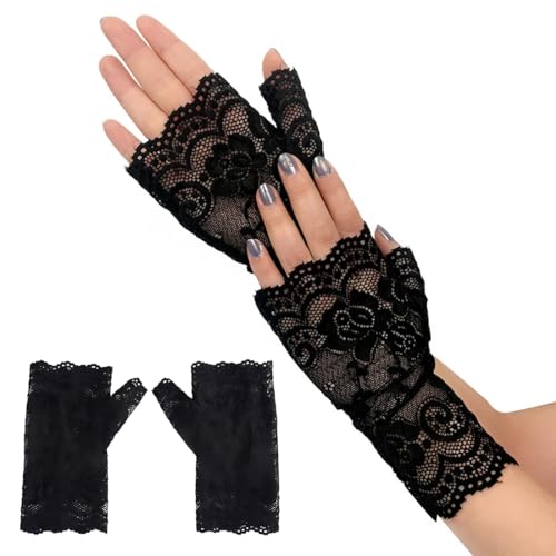 ZAMXHUG Spitze Fingerlose Handschuhe Kurze Spitzenhandschuhe Schwarze Weiß Braut Hochzeits Handschuhe Abschlussball Teeparty Kostüm Zubehör Damen...