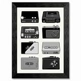 Framed Canvas Wall Art Vintage Minimalist Cassette Player Grayscale Walkman Grid Canvas Print Poster Black Frame Wall Decor for Music Studio Retro Tech Art, 80s Nostalgia - 12x16 Inch