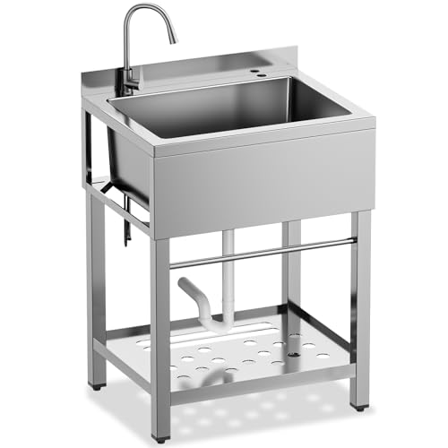 Stainless Steel Utility Sink, 25 Inch Single Bowl Kitchen Sink with Cold Hot Water Pipe Standard P-trap Drainge for Laundry Room Pet Care Farmhouse