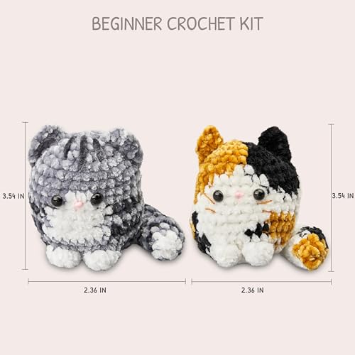 Image of HOUSE CREATIVITY Chenille Crochet Kit for Beginners, Make 2 Ultra-Soft Cat Plushies, Amigurumi Crochet Starter Kit with Video Tutorial, Plush DIY Craft Kit with Chenille Yarn, Hook, Eyes & Stuffing