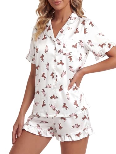 Image of Umenlele Women's 2 Piece Satin Pajama Set Cute Ruffle Short Sleeve Button Down Shirt with Shorts Summer Pjs