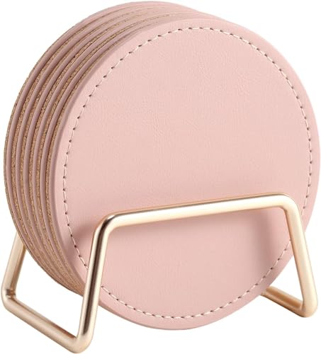 Joliling PU Leather Drink Coasters Set of 6 with Metal Holder Stand and Cork Base - Decorative Coffee Cup Table Set for Home Decor - Housewarming Gift (Pink)