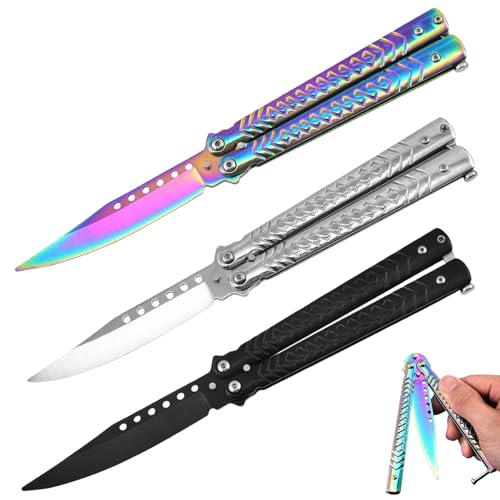 GOMETY 3 Stück Butterfly Trainer Butterfly Messer zum Üben Ungeschärfte Klinge Butterfly Kamm Edelstahl für Trainingsmesser AnfäNger-Der Flipping Tricks üBt (Weiß Schwarz Farbe)