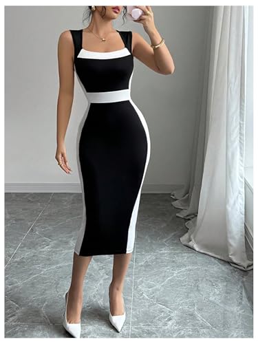 SOLY HUX Women's Bodycon Midi Dress Color Block Square Neck Sleeveless Cocktail Party Dresses4