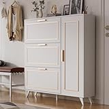 Cozy Castle Narrow Shoe Cabinet, Freestanding Hidden Shoe Storage Cabinet with 3 Flip Drawers and Door Closed Cabinet for Entryway, White