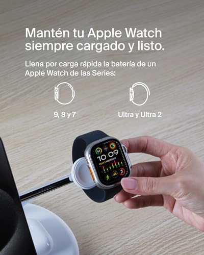 Belkin Soporte de Carga Inalámbrica 3 en 1 con MagSafe, Cargador Magnético Qi2, 15W, Carga Rápida para iPhone 17, Air, Pixelsnap, AirPods, Apple Watch (Fuente de alimentación incluida) - Blanco