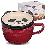 Cute Ceramic Red Panda Coffee Mug with Lid,Kawaii Animal Coffee Mugs or Tea Cups,Funny Novelty Panda Breakfast Mugs for Women Wife Mum Girls Boys Friends Kids Christmas Birthday Gift,300ML（Red）