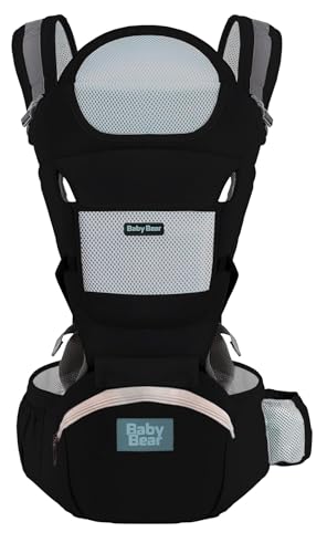 Bolsa Canguru Ergonômica Premium Baby Bear 3 em 1 | Assento Acolchoado| 12 posições | Alças Reguláveis | Bolsos Frontais e Laterais (Preto)