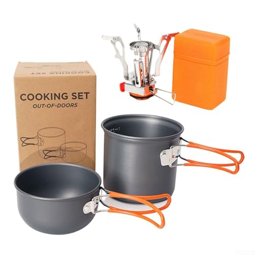 Leichte Camping-Kochausrüstung aus Aluminium mit platzsparenden Funktionen, perfekt für Rucksackreisen (orangefarbener Griff)