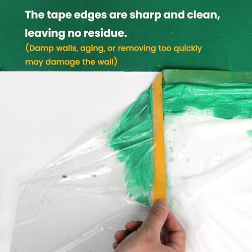 Image of Voomey Pre-Taped Masking Film with Dispenser, Painters Tape with Plastic Attached, Automotive Painters Tape and Drape for Appliances, Furniture, Wood Surfaces & DIY Projects - 8ft x 49ft