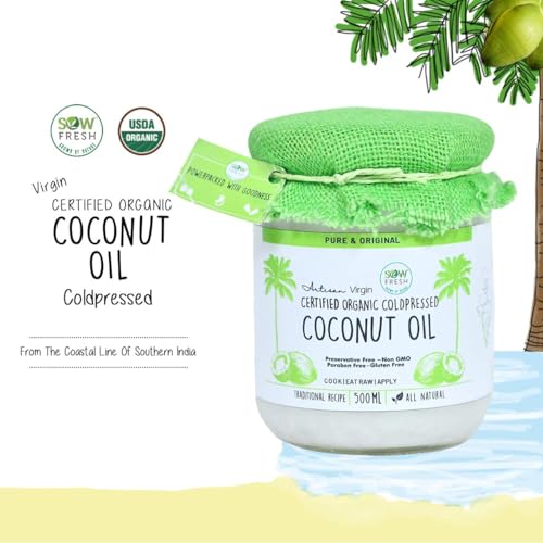 Image of Sow Fresh All Natural Extra Virgin Coconut Oil - 500ml Organic Cold Pressed Virgin Vegan Coconut Oil for Cooking, Hair & Skin Care and Oil Pulling - No Preservatives & No Sugar