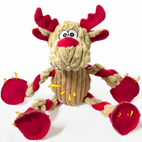 Christmas Dog Toys Tough Chew Toys for Large Dogs, Stuffed Reindeer Dog Toy with 5 Squeakers...