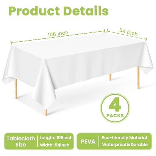 Image of Mulbozy White Plastic Table Cloth Disposable 4 Pack, 54 x 108 Inch Tablecloths Rectangle, White Plastic Table Cover for Party Decor