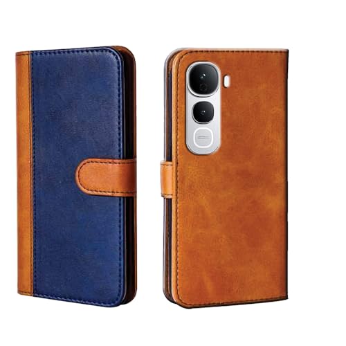 Image of amazon basics Vivo Y400 Pro 5G Flip Cover | Card Pockets Wallet & Stand | Flip Cover for Vivo Y400 Pro 5G (Beige and Blue)