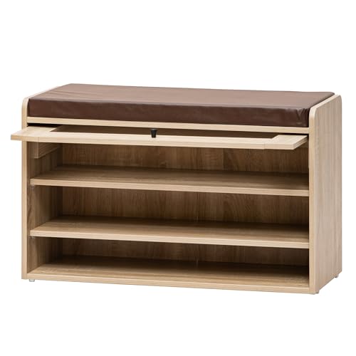 Image of Rocco Rosso Shoe Cabinet with Seat for 12 Pairs | Lift-Up Acrylic Fluted Shutter | Engineered Wood Shoe Rack Bench with Adjustable Shelves | Scratch-Resistant | Hallway Bedroom Entryway (Oak)