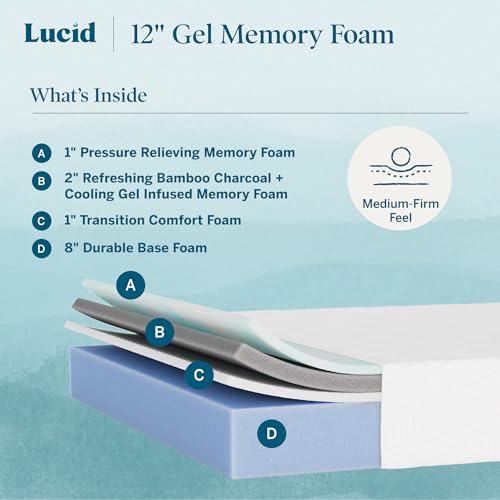 Image of Lucid 12 inch Medium Firm Gel Memory Foam Mattress - Bamboo Charcoal & Cooling Gel - Fiberglass Free - Bed in a Box - CertiPUR-US Certified - Twin Size