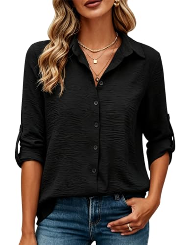 Image of ASKSA Womens Blouse Long Sleeve Button Down Shirt, Black, XL