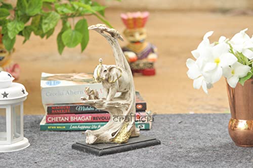 Image of Resin Elephant on Tree with Baby Elephant Statue Animal Figurine On Wooden Base for Feng Shui and Vaastu Statue (14.5X9X23.5 cm, Off White)
