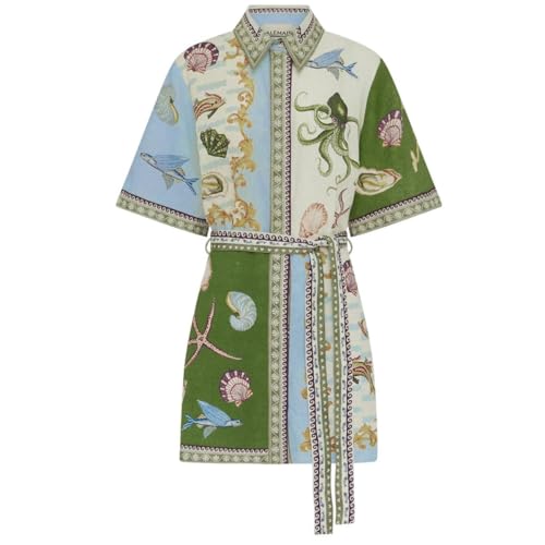 Women's Button Shirt Dress Casual Short Sleeve Vintage Floral Print T-Shirt Style Dress with Drawstring & Front Buttons (US, Alpha, Small, Regular, Regular, Style-3)