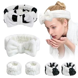 Yoseng Spa Headband and Wrist Towels for Washing Face, Set of 6 – Cow print,White (HAIRBAND, Face Washing Headbands, Hair Care, All Ages, Adults, Unisex, 1 Count Package)