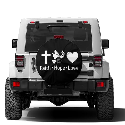 Image of KiuLoam Faith Hope Love Cross Heart Spare Tire Cover with Backup Camera Hole Universal Sunscreen Waterproof Wheel Covers for Trailer RV SUV Truck and Many Vehicles (14 inch for Diameter 23 inch-27 inch)
