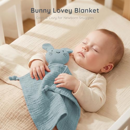 Image of Blue Bunny Organic Cotton Muslin Lovey Security Blanket for Newborns | Soft & Breathable, Baby Comfort Blanket, Self-Soothing Support, Teething Comfort
