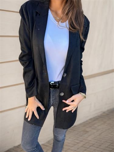 Womens Suede Blazer Button up Business Long Jackets Notched Lapel Faux Leather Trench Overcoats Pea Coats Winter Suit Outwear2