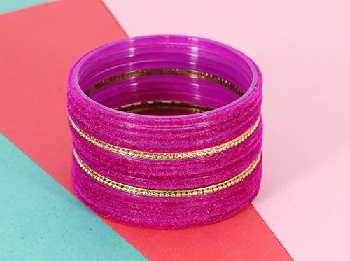 Image of NMII Glass Bangles For Women and Girls with Velvet and Golden Ballchain Linked | Plain Glass Bangles | Velvet Chudi Set | Bangles For Women | Stylish Glass Chudi Bangles- Set of 28