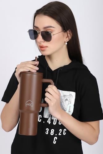 Image of House of Quirk 1200ML Stainless Steel Tumbler with Handle & Lid, 2 Straws - Large Travel Mug Water Cup for Gym, Office & Outdoor Use (Chocolate)